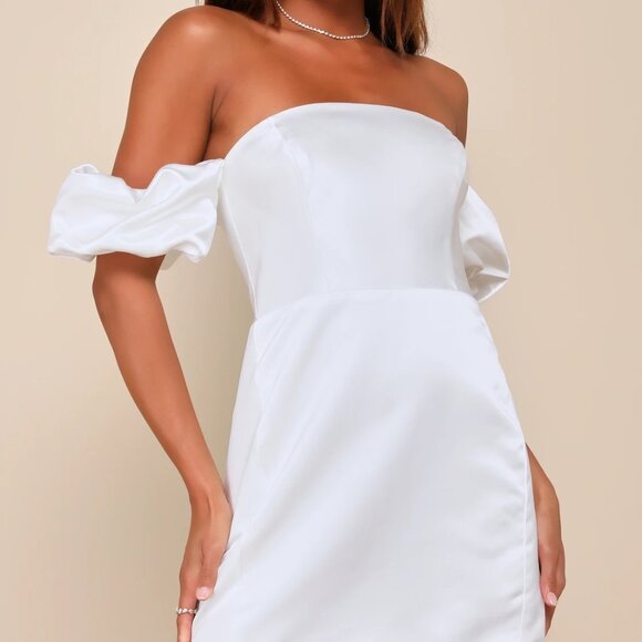 Lulus Dresses & Skirts - Lulus White Satin Mini Dress Off Shoulder Puff Sleeves X-Small